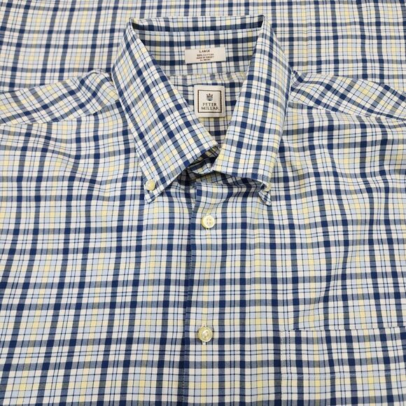 Peter Millar Men's Shirt Blue Plaid Button Down Front Cotton SIze Large - Picture 3 of 11